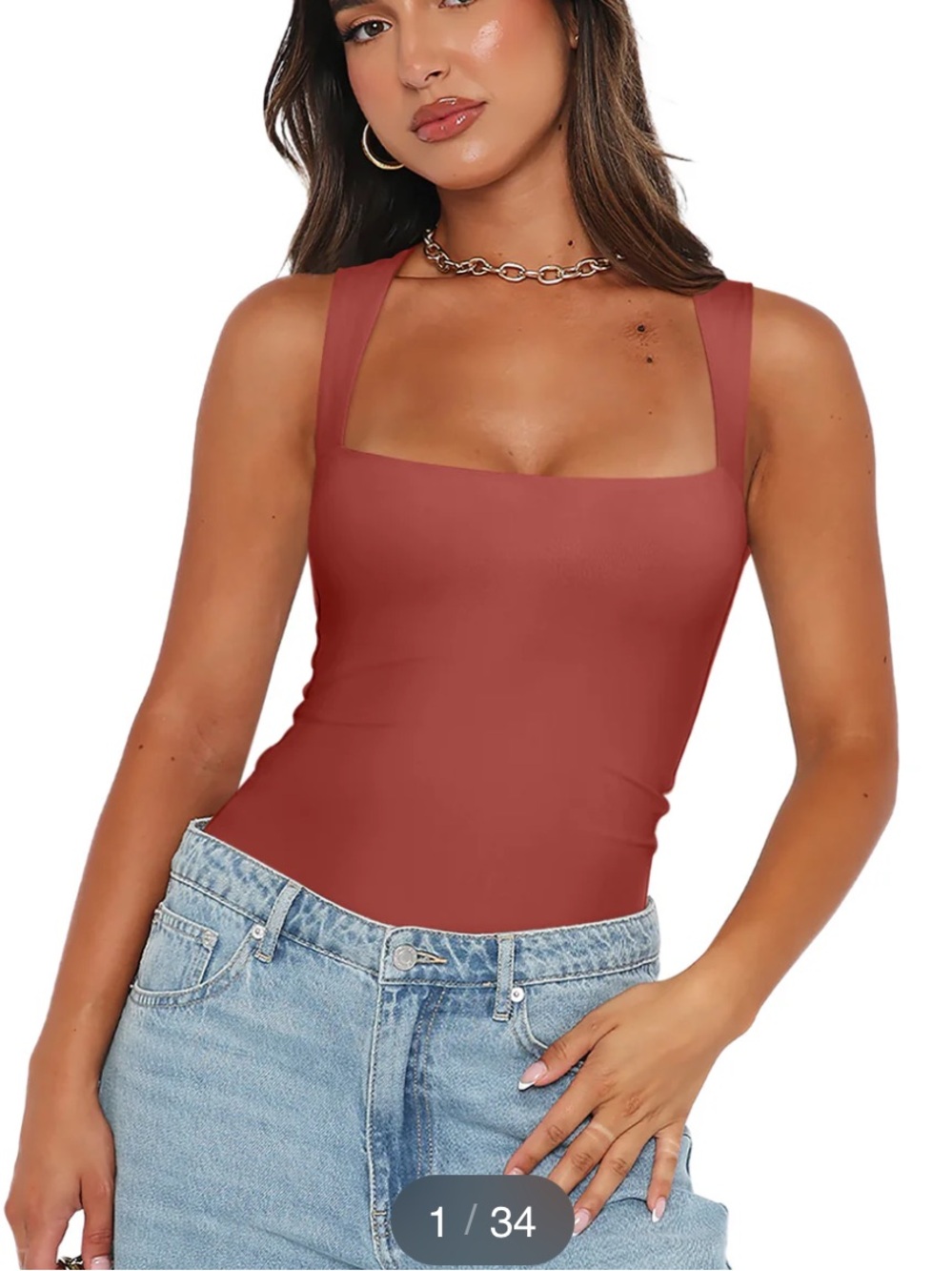 ReoRia Square Neck Ribbed Bodysuit in Rust M